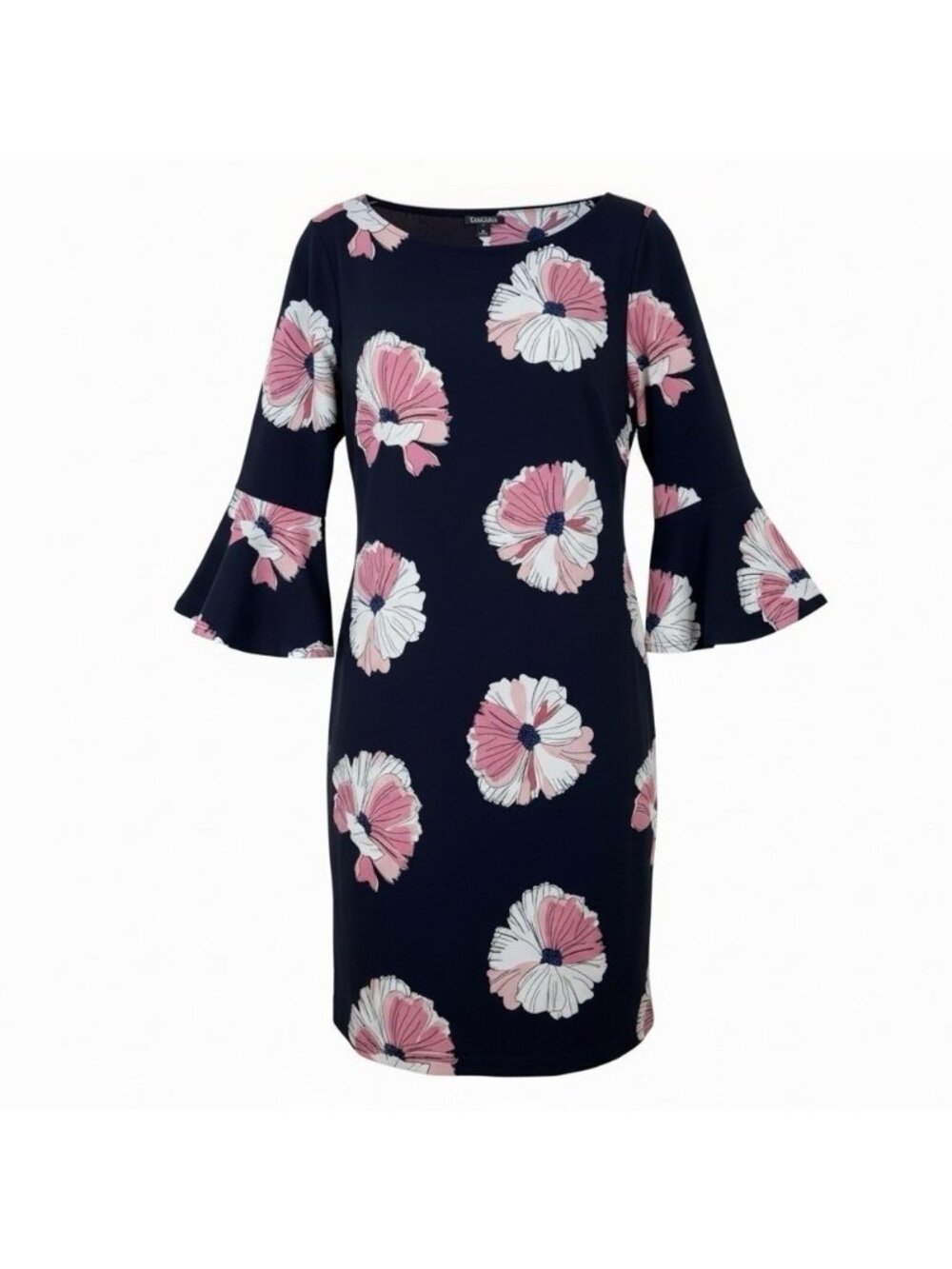 ROZ & ALI Midi Dress Size Medium Circle Flounce Sleeve Navy Blue Hibiscus Floral